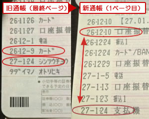三菱東京UFJ銀行のATMで通帳繰越「旧通帳と新通帳の記載内容」